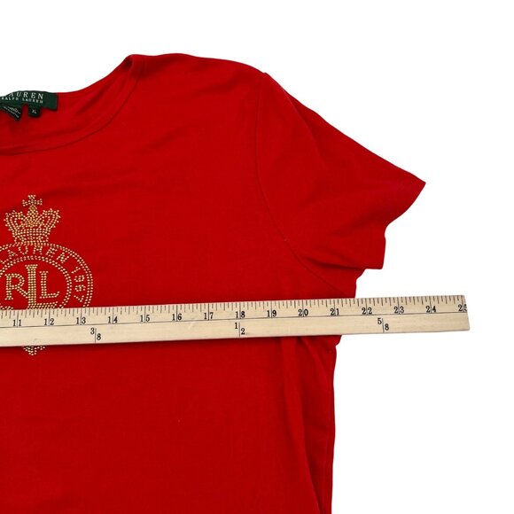 Lauren Ralph Lauren Red Rhinestone Crest T-Shirt XL Short Sleeve Vintage 90s - Picture 6 of 8